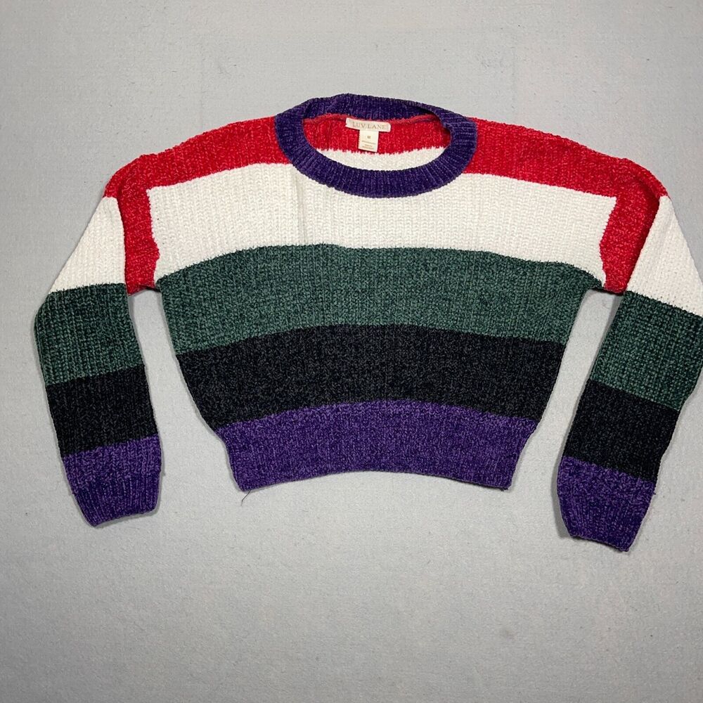 Luv Lane Striped Sweater Medium Red‎ White Green Black Purple Pullover Knit